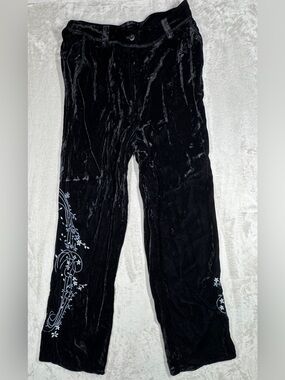 J.Jill Black Crushed Velvet Floral Embroidered Straight Trouser Pants Size 12